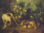 Francois Desportes Dog Guarding Game near a Rosebush oil painting on canvas